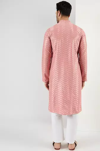 Men peach viscose rayon solid embroidered straight kurta