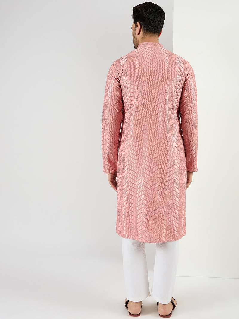 Men peach viscose rayon solid embroidered straight kurta