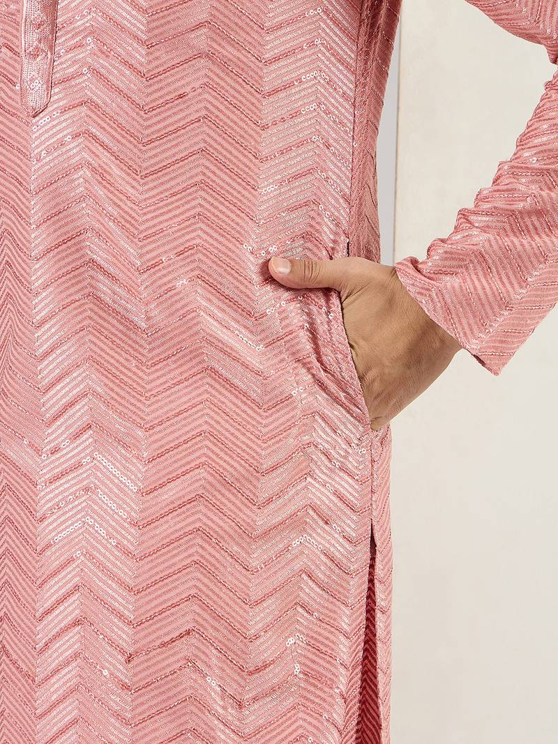 Men peach viscose rayon solid embroidered straight kurta