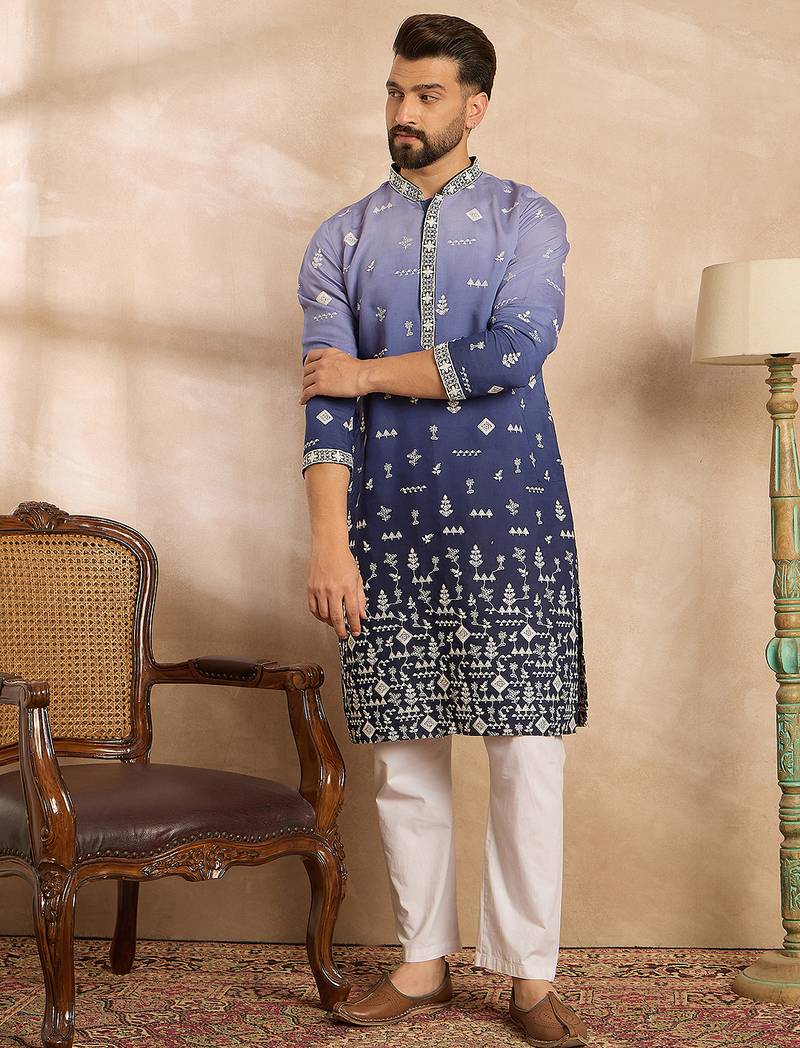 Men violet silk blend ombre embroidered straight kurta sets