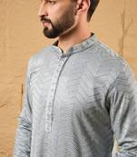 Men grey viscose rayon solid embroidered straight kurta