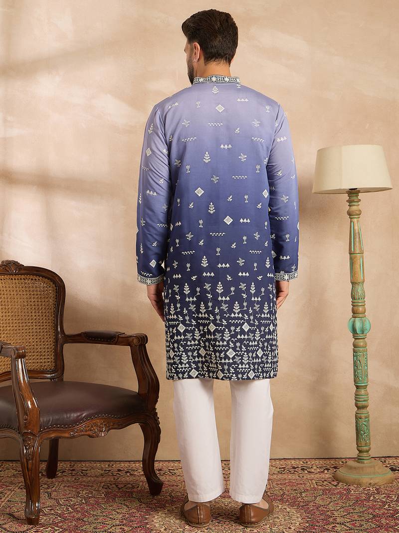 Men violet silk blend ombre embroidered straight kurta sets