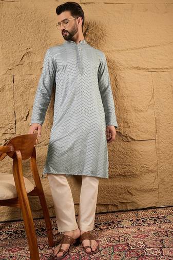 Men grey viscose rayon solid embroidered straight kurta