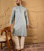 Men grey viscose rayon solid embroidered straight kurta