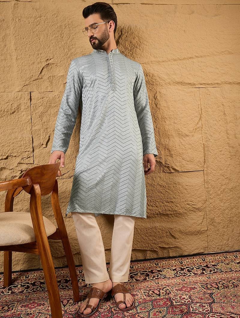 Men grey viscose rayon solid embroidered straight kurta