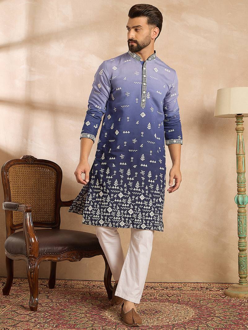 Men violet silk blend ombre embroidered straight kurta sets