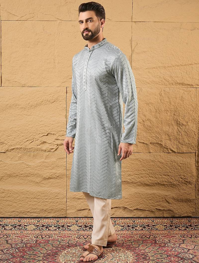 Men grey viscose rayon solid embroidered straight kurta