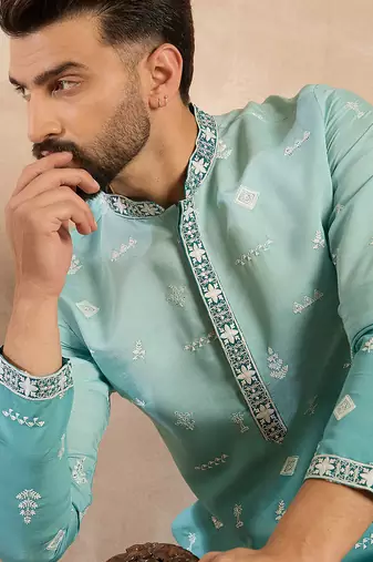 Men teal silk blend ombre embroidered straight kurta sets
