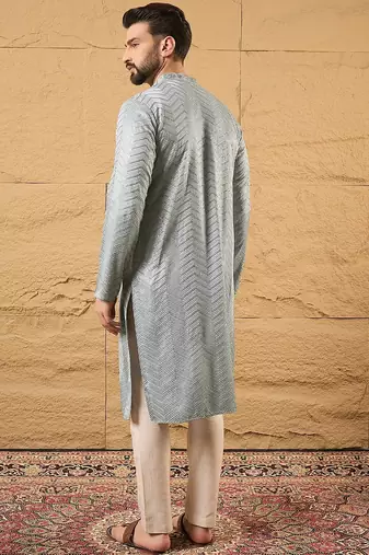 Men grey viscose rayon solid embroidered straight kurta