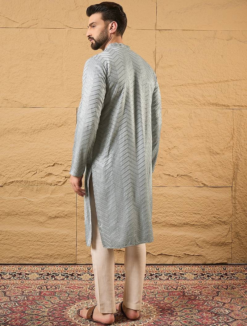Men grey viscose rayon solid embroidered straight kurta