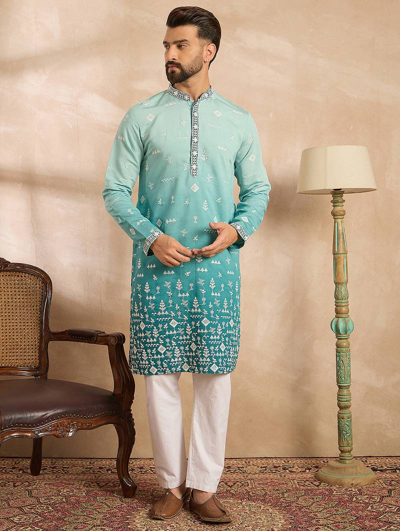 Men teal silk blend ombre embroidered straight kurta sets