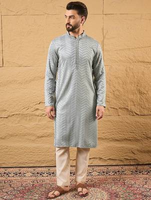 Men grey viscose rayon solid embroidered straight kurta 5