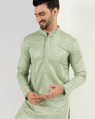 Men green viscose rayon solid embroidered straight kurta 1