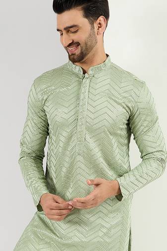 Men green viscose rayon solid embroidered straight kurta