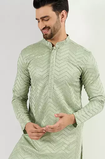 Men green viscose rayon solid embroidered straight kurta