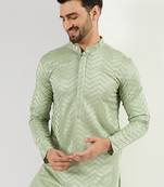 Men green viscose rayon solid embroidered straight kurta
