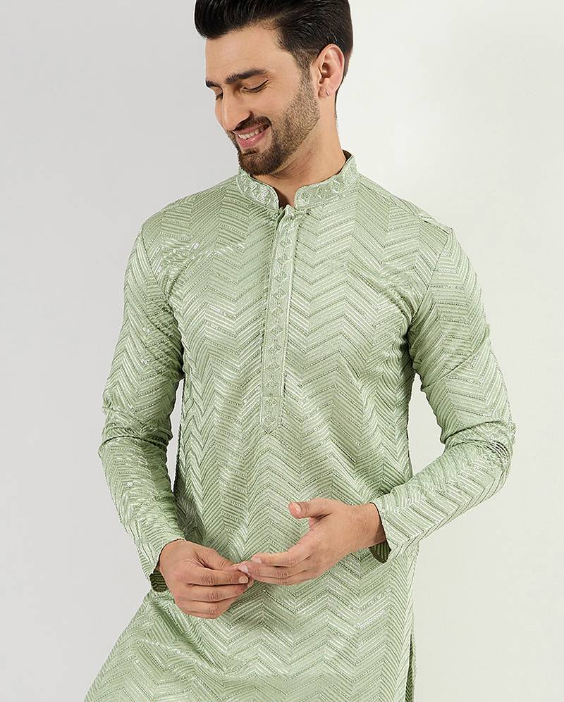 Men green viscose rayon solid embroidered straight kurta