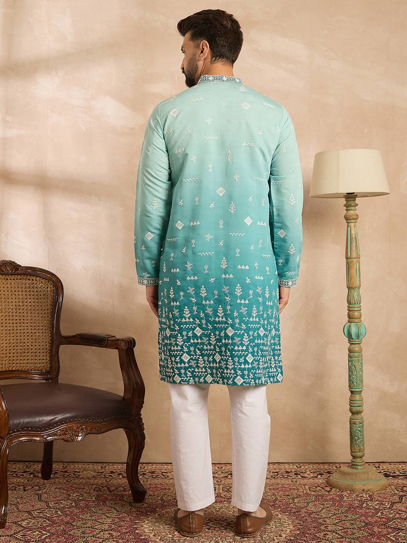 Men teal silk blend ombre embroidered straight kurta sets
