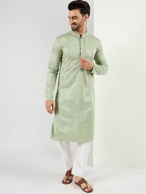 Men green viscose rayon solid embroidered straight kurta 2