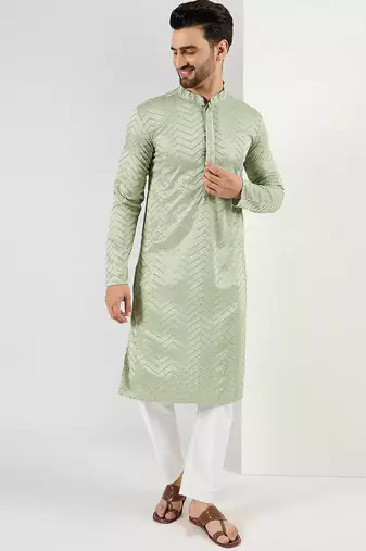 Men green viscose rayon solid embroidered straight kurta