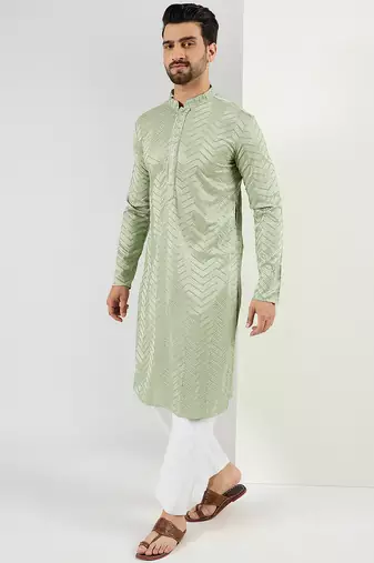 Men green viscose rayon solid embroidered straight kurta