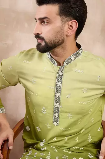 Men green silk blend ethnic motifs embroidered straight kurta with trouser