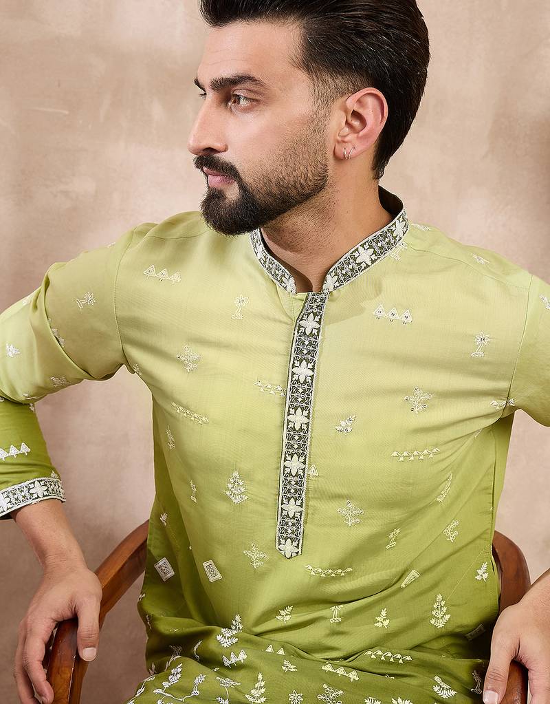 Men green silk blend ethnic motifs embroidered straight kurta with trouser