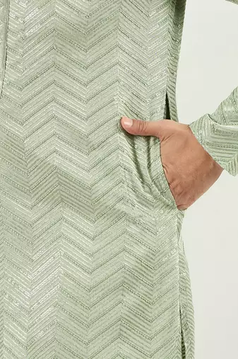 Men green viscose rayon solid embroidered straight kurta