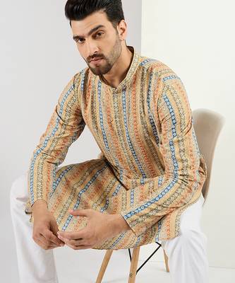 Men yellow viscose rayon geometric embroidered chikankari straight kurta 1