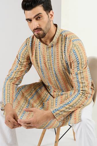 Men yellow viscose rayon geometric embroidered chikankari straight kurta