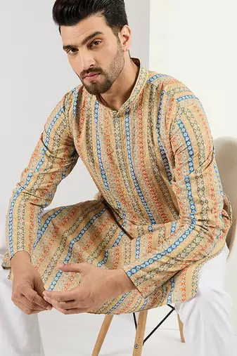 Men yellow viscose rayon geometric embroidered chikankari straight kurta