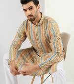 Men yellow viscose rayon geometric embroidered chikankari straight kurta