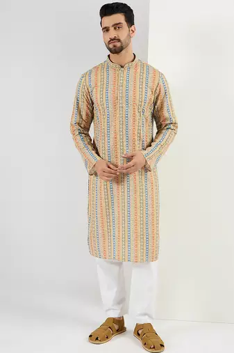 Men yellow viscose rayon geometric embroidered chikankari straight kurta
