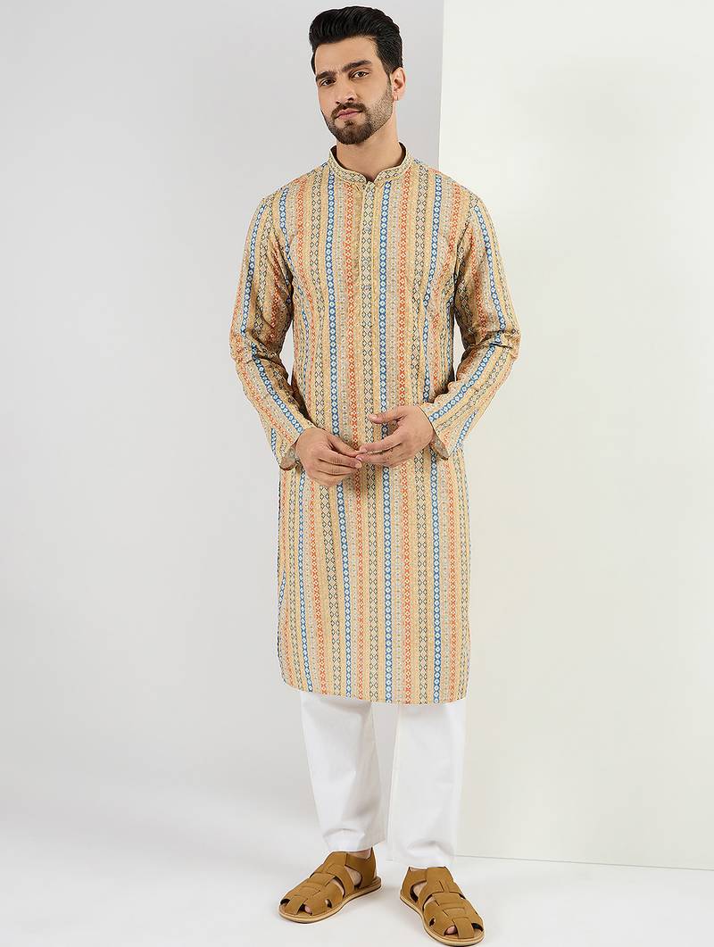 Men yellow viscose rayon geometric embroidered chikankari straight kurta