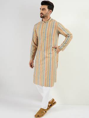 Men yellow viscose rayon geometric embroidered chikankari straight kurta 3