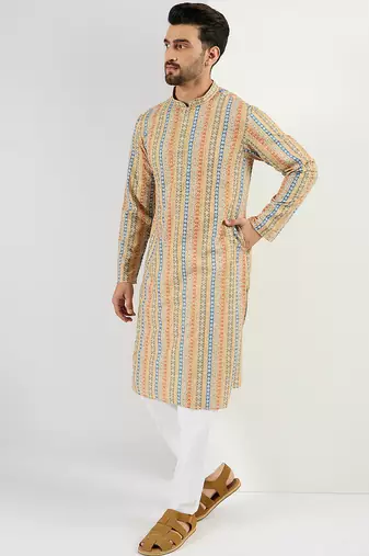 Men yellow viscose rayon geometric embroidered chikankari straight kurta