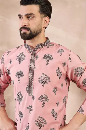 Men peach silk blend solid embroidered straight kurta with trouser