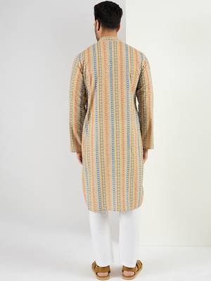 Men yellow viscose rayon geometric embroidered chikankari straight kurta 4