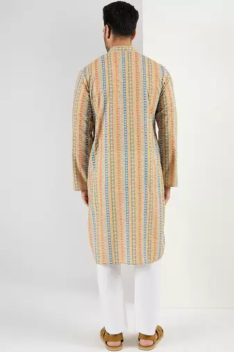 Men yellow viscose rayon geometric embroidered chikankari straight kurta