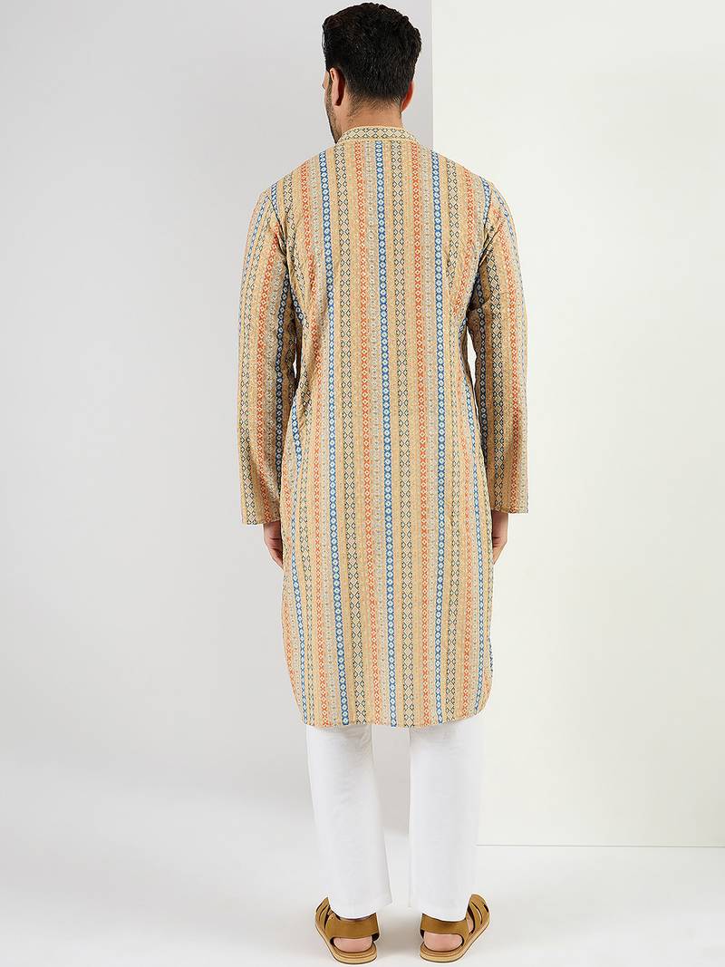 Men yellow viscose rayon geometric embroidered chikankari straight kurta