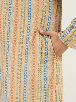 Men yellow viscose rayon geometric embroidered chikankari straight kurta 5