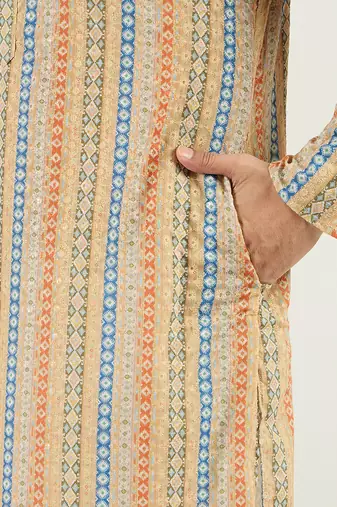 Men yellow viscose rayon geometric embroidered chikankari straight kurta