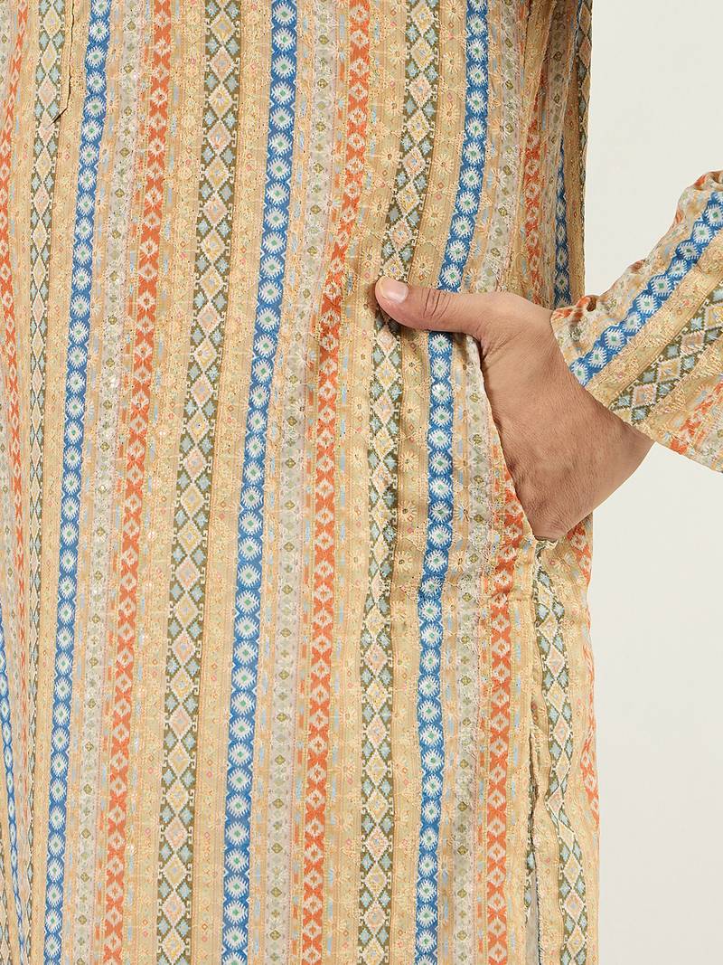 Men yellow viscose rayon geometric embroidered chikankari straight kurta