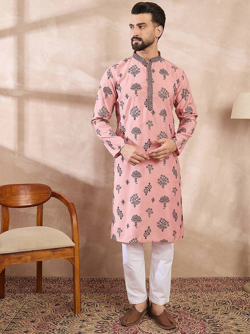 Men peach silk blend solid embroidered straight kurta with trouser