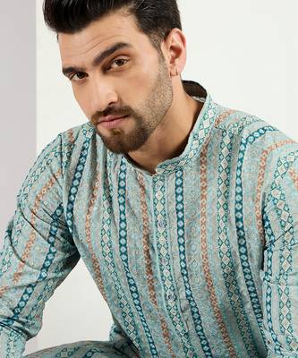 Men teal viscose rayon geometric embroidered chikankari straight kurta 1