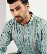 Men teal viscose rayon geometric embroidered chikankari straight kurta
