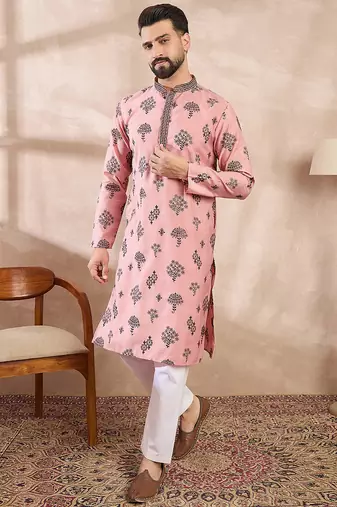 Men peach silk blend solid embroidered straight kurta with trouser