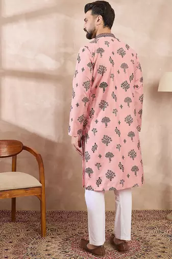 Men peach silk blend solid embroidered straight kurta with trouser