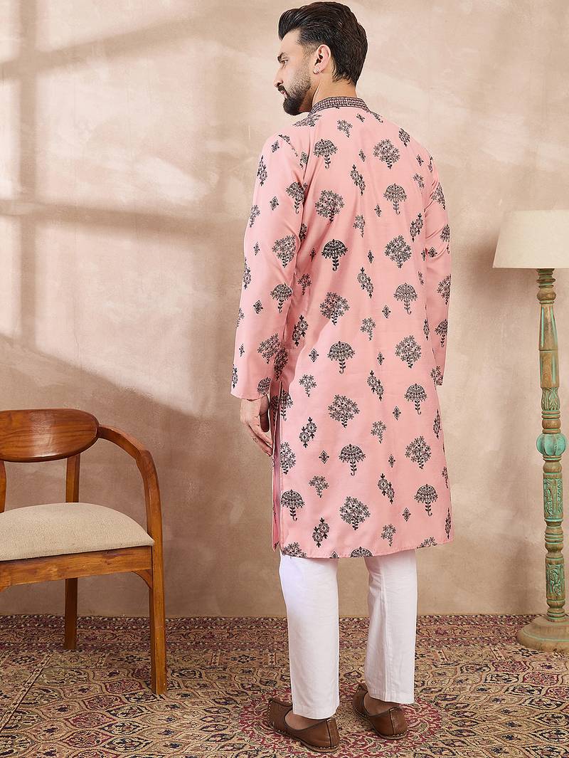 Men peach silk blend solid embroidered straight kurta with trouser