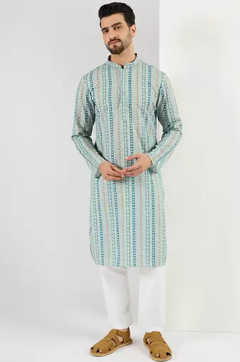 Men teal viscose rayon geometric embroidered chikankari straight kurta